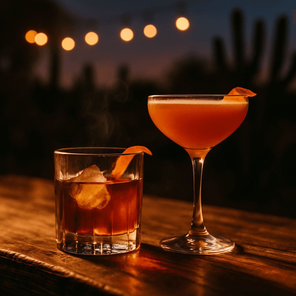Two craft cocktails on a polished oak bar at dusk, Crossbar & Cactus